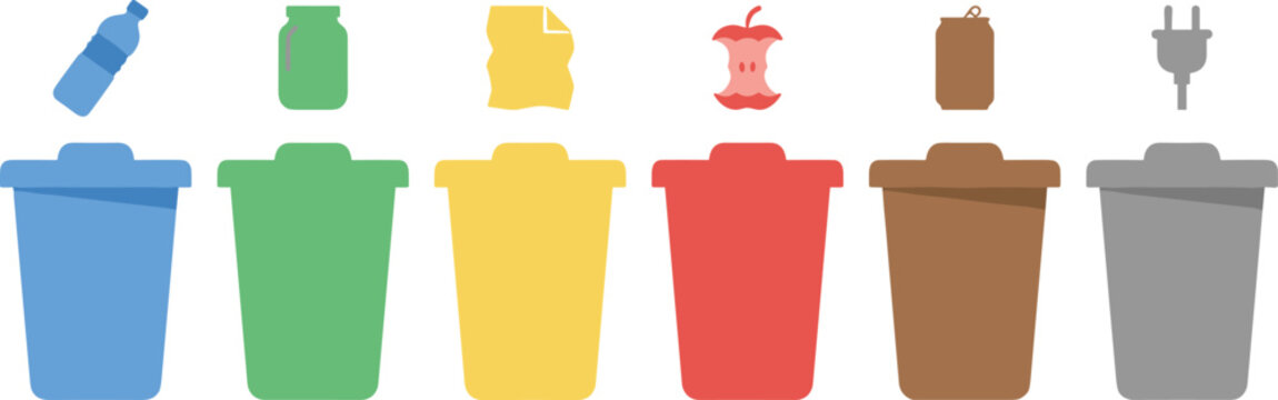 Color Coded Waste Segregation Recycling Bin Set Featuring Plastic Bottle Glass Jar Paper Sheet Organic Food Waste Metal Can and Electronic Waste Icons