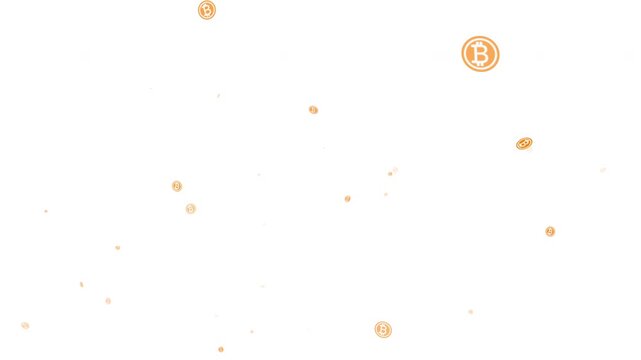 Glowing gold bitcoin coins symbol particle burst animation, white background, symbolizing digital currency, cryptocurrency, finance, investment, and new era of digital financial innovation, 4k