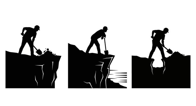 Silhouette of worker digging with shovel in stages.