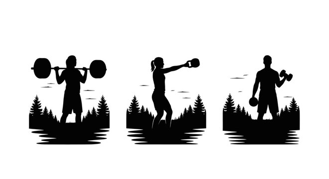 Silhouette of athletes lifting weights in nature setting.
