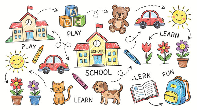Hand Drawn School Doodles Kids Education Learning Crayon Illustration