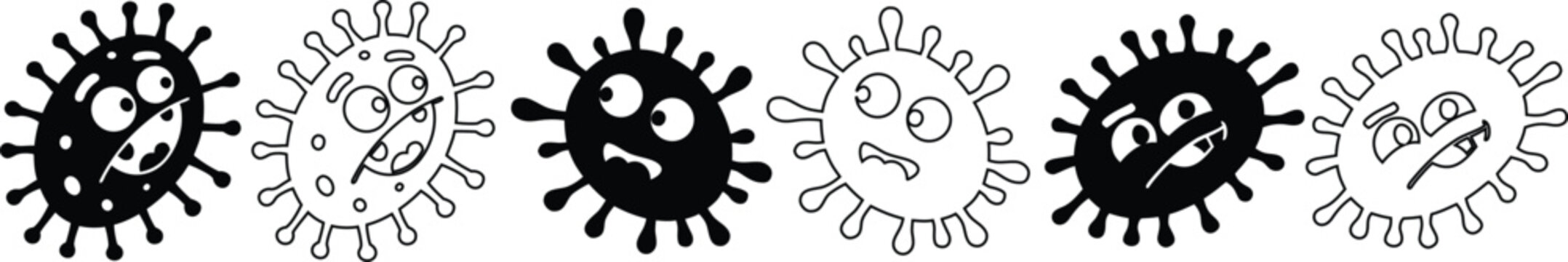 Cute cartoon virus and bacteria character set with funny expression faces vector illustration