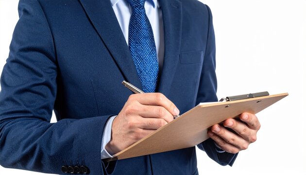 A professional businessman in a tailored navy blue suit holding a simple wooden clipboard, actively writing on a form with a silver pen, isolated on white.