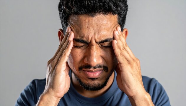 A man pressing his fingers hard against his throbbing temples, eyes squeezed shut in pain from a severe migraine headache.
