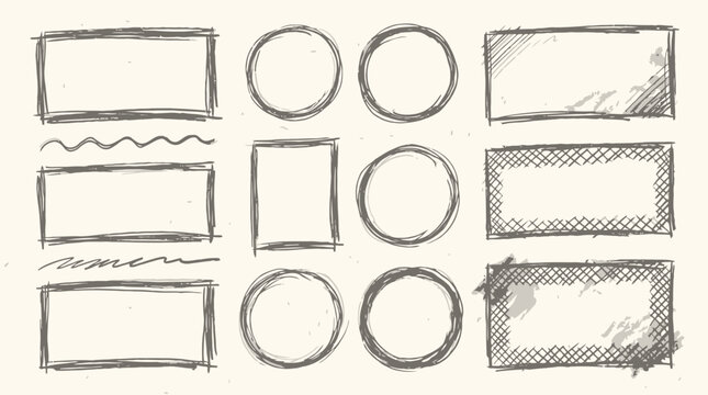 Hand Drawn Pencil Sketch Frames Rectangles and Circles Border Set