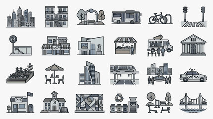 Dynamic Monochromatic Urban Lifestyle Icons Set Sketch Style City Life Illustrations Featuring Buildings Vehicles Landmarks and Activities © Zakik