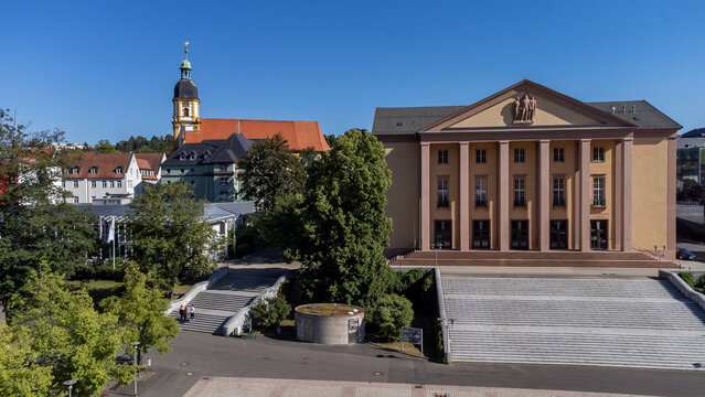 View of the Kulturhaus at Platz der Deutschen Einheit in Suhl, Thuringia, Germany