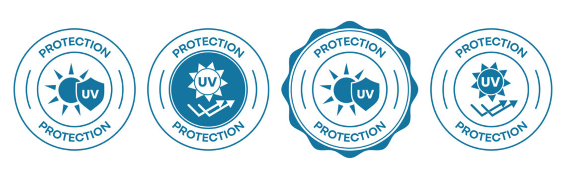 UV Protection Vector Icon Set, Ultraviolet Rays Sun Block Shield Stamp, Blue Round Sunscreen and Sunglasses Product Packaging Badge Collection