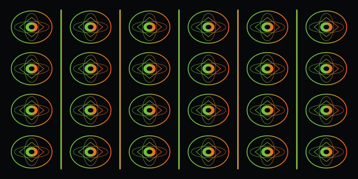 Seamless grid pattern of glowing green and orange geometric circular icons
