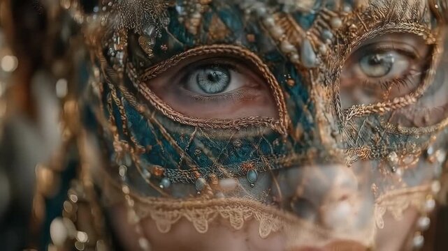 Close up portrait of beautiful woman in venetian mask with blue eyes, ornate black and gold costume inspired by Venice Carnival, bokeh lights background for luxury event cinematic footage