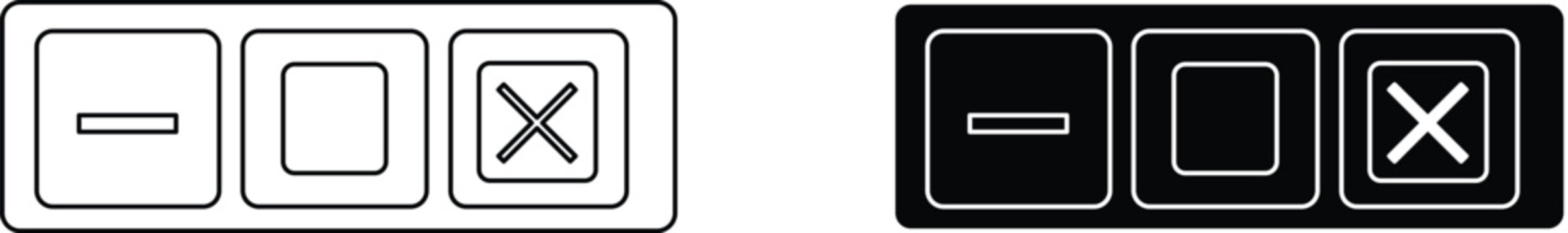 Window control buttons, minimize, maximize, and close in outline and solid black styles