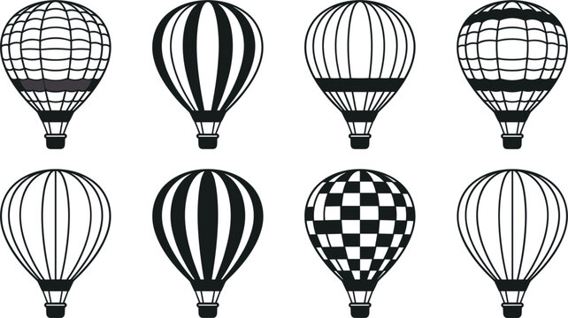 Hot air balloon black silhouette collection with various striped checkered and mesh envelope patterns vector set