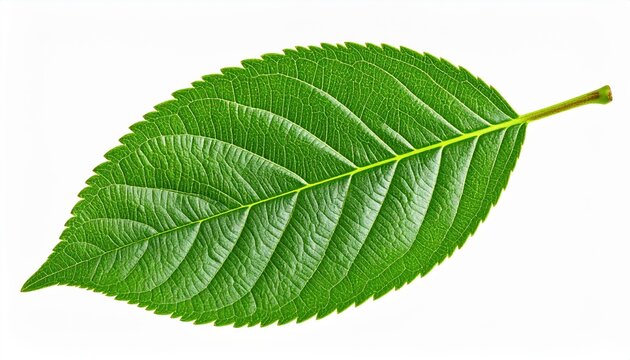 Green Cherry leaf isolated: A detailed commercial studio photograph of a single fresh green cherry leaf, clear vein patterns, isolated on white.