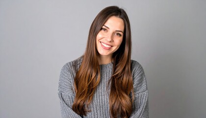 Obraz premium An attractive Caucasian woman with long brown hair, wearing a casual grey sweater, smiling warmly and confidently at the camera against a neutral background.
