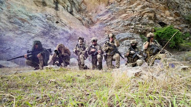 Special operations team stands together during military training exercise, showcasing unity, readiness and tactical capability