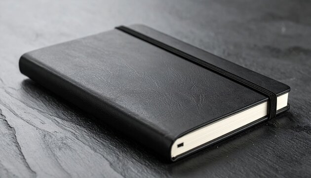 A sleek black leather notebook closed with an elastic band strap