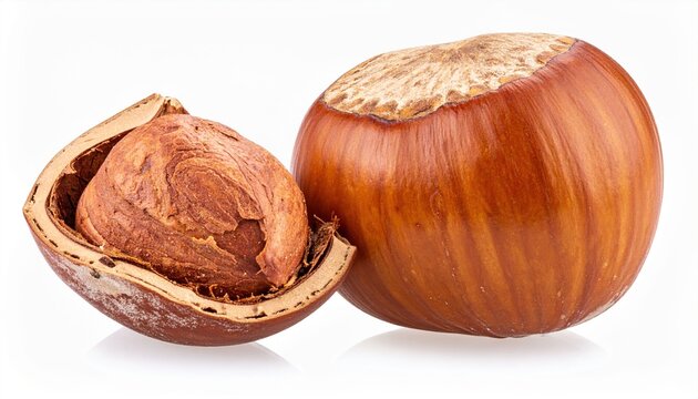 Nut filberts and kernel: A whole brown filbert nut next to a cracked shell and a fresh raw hazelnut kernel, isolated on white.