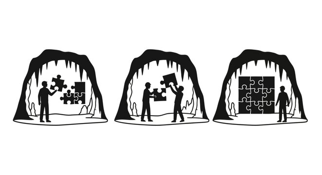 Cave exploration and puzzle solving illustration sequence.