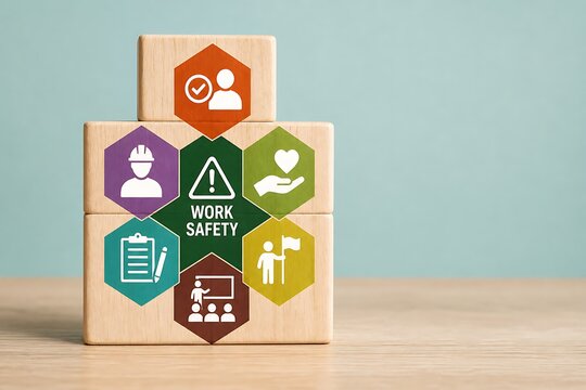 Wooden blocks with work safety icons representing health and safety in the workplace