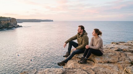 Fototapeta premium Couple resting on cliff above calm sea
