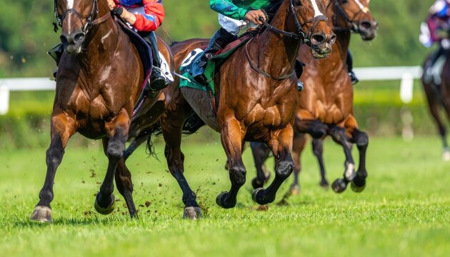 Close up of racehorses thundering down the track during a competition.