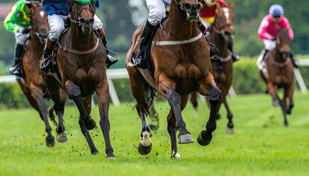 Close up of racehorses thundering down the track during a competitive horse race.