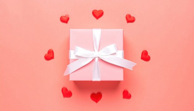 Valentine day gift flat lay: A romantic composition featuring a pastel pink gift box tied with a white ribbon, surrounded by small red hearts on a coral paper background.
