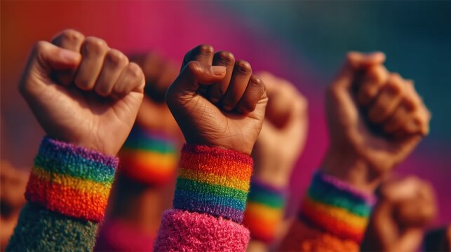 Raised Fists With Rainbow Wristbands Symbolizing Pride And Unity