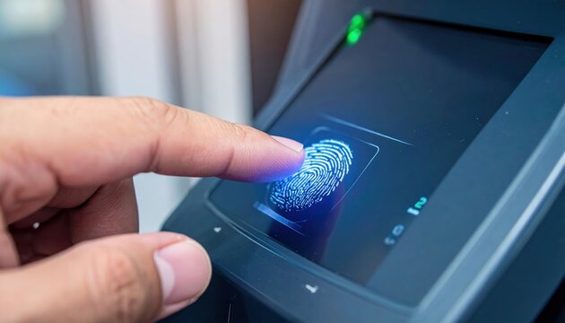 A close-up of a hand scanning a fingerprint on a security reader