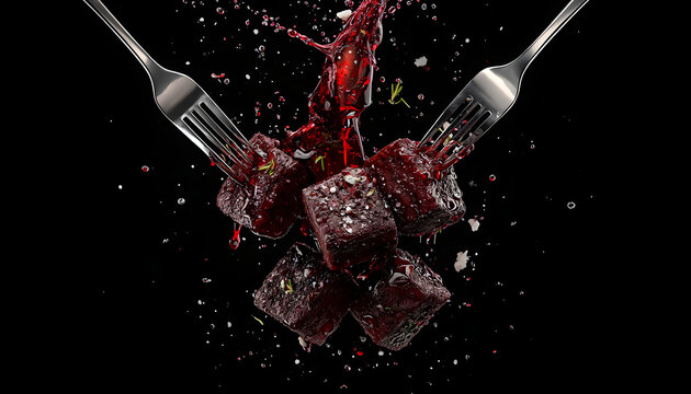 Red Chocolate Cubes Splashing with Forks on Black Background