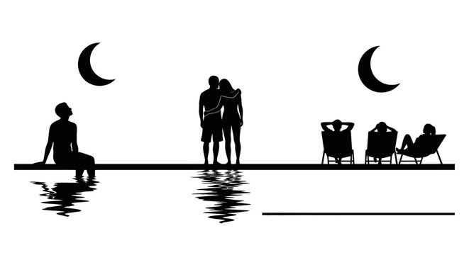 Silhouette of people sitting on a bench by the water at night.