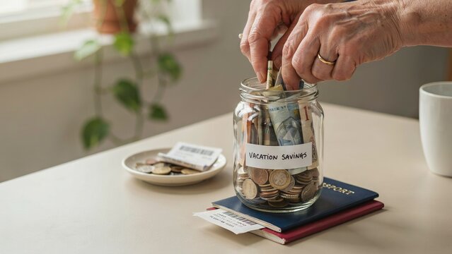 Senior person putting money into a glass jar labeled vacation savings for future travel plans