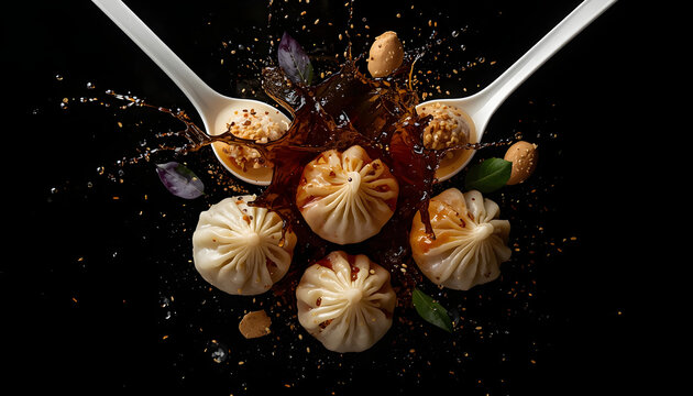 Steamed Dumplings with Sauce Splash on Silver Spoons
