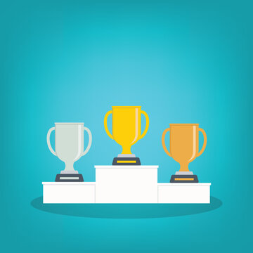 Golden, silver and bronze metallic trophy cups on a podium. Vector illustration