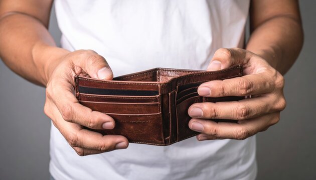 A Poignant studio shot of a man (hands only visible) holding open a worn brown leather wallet, clearly showing it is completely empty with no cash inside.