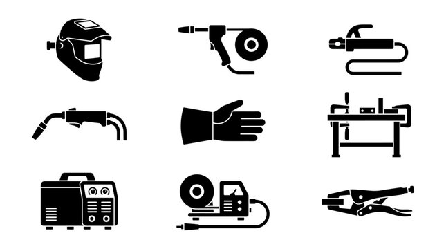 Welding Tools Glyph Icon Set. Flat Black and White Metalworking Equipment and Safety Gear.