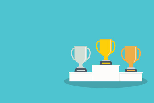 Golden, silver and bronze metallic trophy cups on a podium. Vector illustration