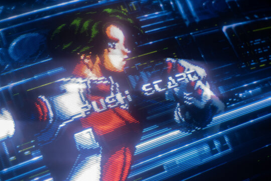 Retro arcade game screen showing PUSH START prompt and armored character, extreme close-up of pixelated CRT display with blue scanlines, glowing graphics, classic gaming nostalgia and no people