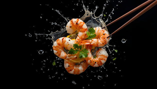 Shrimp with Water Splash Held by Chopsticks on Black Background