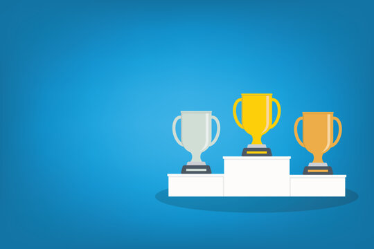 Golden, silver and bronze metallic trophy cups on a podium. Vector illustration
