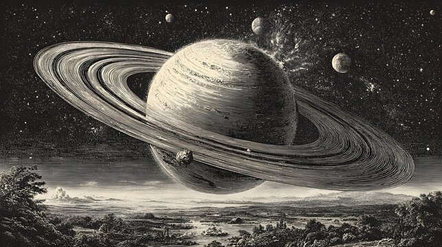Vintage engraving illustration of planet Saturn with detailed rings over a starry night sky landscape.