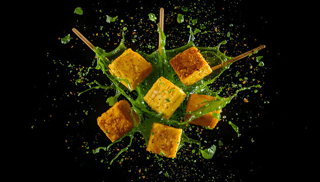 Tofu Cubes with Green Sauce Splash on Black Background
