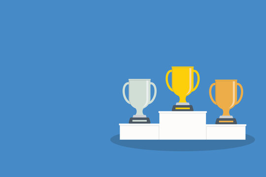 Golden, silver and bronze metallic trophy cups on a podium. Vector illustration