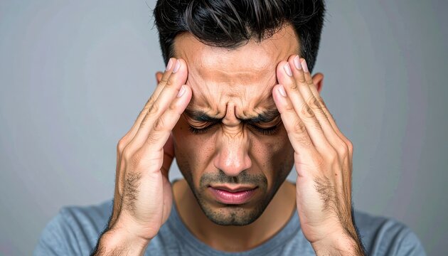 A man pressing his fingers hard against his throbbing temples, eyes squeezed shut in pain from a severe migraine headache.