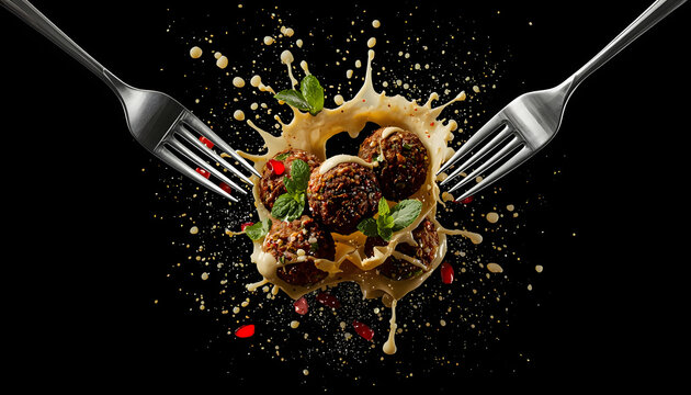 Meatballs Splashing Between Two Forks on Black Background