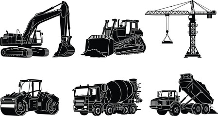 Heavy Construction Machinery Silhouette Set Featuring Excavator, Bulldozer, Tower Crane, Road Roller, Cement Mixer Truck, and Dump Truck Graphic Vectors © Md Shujan islam