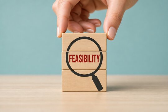 Hand holding wooden block with feasibility study text and magnifying glass icon