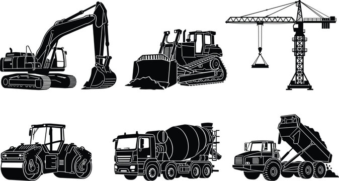 Heavy Construction Machinery Silhouette Set Featuring Excavator, Bulldozer, Tower Crane, Road Roller, Cement Mixer Truck, and Dump Truck Graphic Vectors