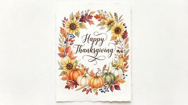 Watercolor happy thanksgiving greeting card with pumpkins and sunflowers