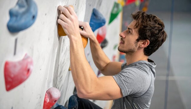 A professional boulderer gripping a small holds on a climbing wall